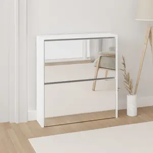 Berkfield Shoe Cabinet with Mirror 2-Layer High Gloss White 63x17x67 cm