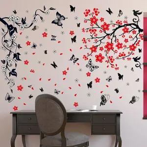 Walplus Blossom Flower with Butterfly Wall Sticker Art Decoration Decal DIY Black, Red PVC