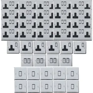 CHROME House Socket & Switch Set -14x Light & 26x Switched UK Power Sockets