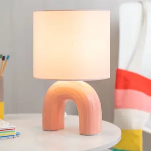 ValueLights Kids Rainbow Shaped Table Lamp Arched Base and Pink Drum Fabric Shade - Including Bulb