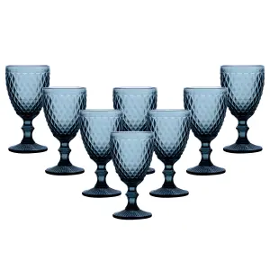 Set of 8 Vintage Luxury Blue Embossed Diamond Drinking Wine Glass Wine Goblets 270ml