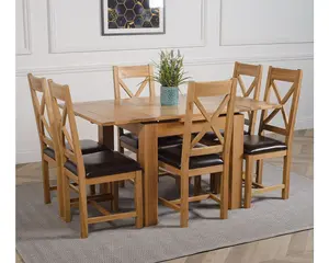 Richmond 90cm - 150cm Square Oak Extending Dining Table and 6 Chairs Dining Set with Berkeley Brown Leather Chairs