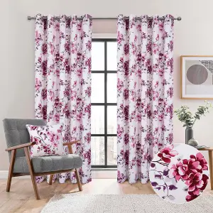 Betty Floral Design Lined Eyelet Curtains for Living Room or Bedroom - Cotton Rich Panama Fabric - Pink, 168 x 229cm