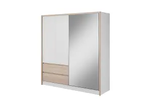 Sara Mirrored Wardrobe 200cm with Drawers in White and Oak Sonoma