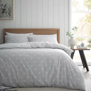 Catherine Lansfield Brushed Polka Dot Cotton Reversible Double Duvet Cover Set with Pillowcases Grey