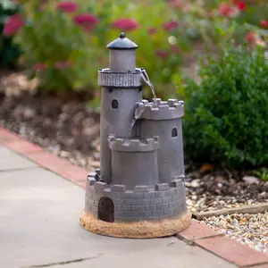 Primrose Solar Powered Grey Castle Cascading Water Feature With Battery Backup and Lights H49cm