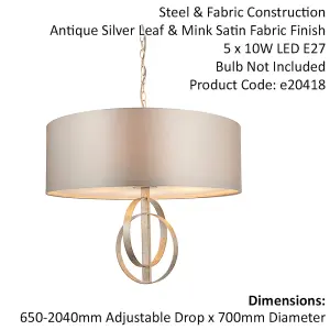 Antique Silver Ceiling Pendant Light & Mink Satin Shade - 5 Bulb Hanging Fitting