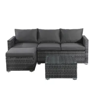 Outdoor Rattan Corner Sofa, 3 Piece L-Shaped Rattan Garden Furniture Lounge Set with Glass Table, Soft Cushion - Gray