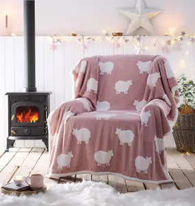 Sheep Sherpa Fleece Throw 130x170cm  Pink