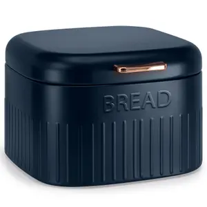 EHC Large Metal Bread Box Bin, Kitchen Storage Box For Countertop With Hinged Lid, Navy Blue