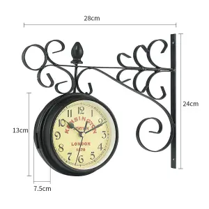 Iron Antique Look Black Round Wall Hanging Double Sided Two Faces Retro Station Clock Round