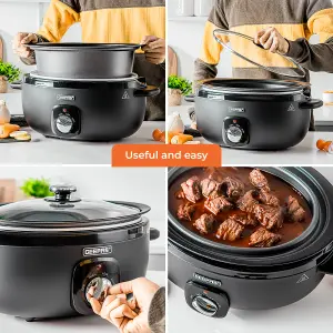 Geepas 6.5 Litre Slow Cooker 3 Temperature Settings, Removable Easy-Clean Aluminum Bowl Tempered Glass Lid & Cool Touch Handle