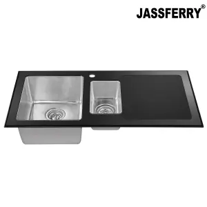 JASSFERRY Black Glass Top Kitchen Sink Stainless Steel One Half Bowl Right Hand Drainer, 1000 X 500 mm