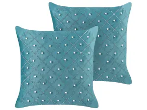 Set of 2 Cushions YARROW Velvet 45 x 45 cm Geometric Teal