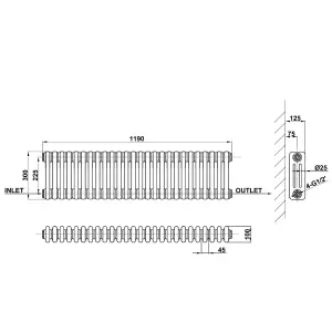 Horizontal White Triple Column Radiator (H) 300mm x (W) 1190mm, 3762 BTU.