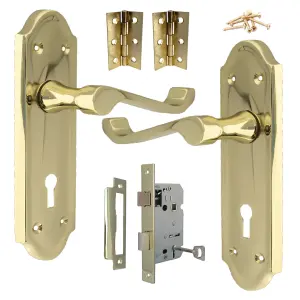 Ashford Door Handle Key Lock Scroll Lever - Polished Brass Key Lock Hinge Pack