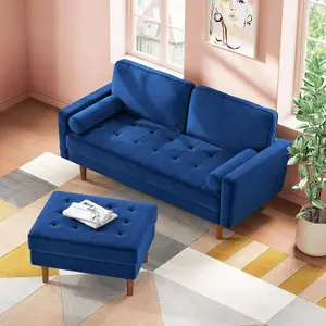 148CM Velvet Love Seat Blue Couch with 2 Pillows