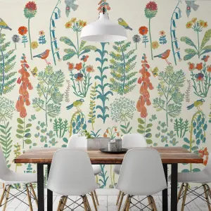 Grandeco Spring Meadow Flower Painted Sprig 3 panel repeatable wallpaper Mural, 2.8 x 1.59m, Neutral