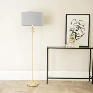 ValueLights Maggie Gold Metal Candlestick Floor Lamp with Grey Fabric Lamp Shade and LED Bulb