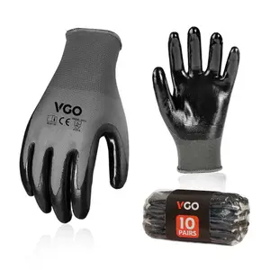 VGO 10-Pairs Safety Work Gloves, Gardening Gloves, Non-slip Nitrile coating, Dipping Gloves (NT2110, 9/L,Gray)