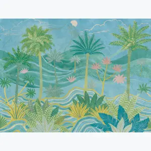 Grandeco Palm Spring Landscape Scene 7 panel Repeatable Textured Mural, 2.8 x 3.71m, Blue