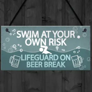 Red Ocean Funny Swim At Own Risk Hot Tub Pool Jacuzzi Hanging Garden Shed Plaque Wall Sign