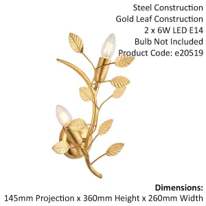 Gold Leaf Twin Wall Light - 2 Bulb Decorative Sonce Fitting - Leaves Design