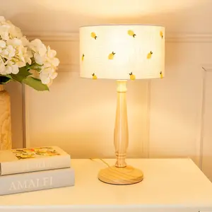 ValueLights Victoria Light Wood Candlestick Table Lamp with Lemon Embroidered Lamp Shade and LED Bulb