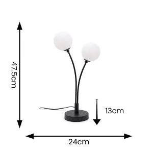 ValueLights Velika Black 2 Way Double Bedside Table Lamp with White Frosted Glass Globe Shades Light - LED Bulbs Included