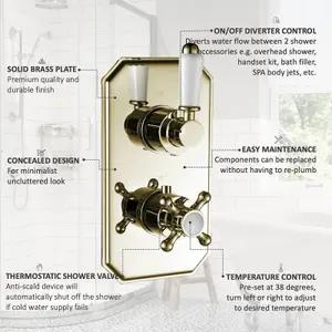 ENKI Regent English Gold White Crosshead 2-Outlet Solid Brass Thermostatic Twin Shower Valve TSV036