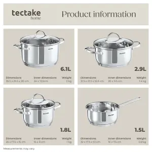 Saucepan Set Bologna - 4 stainless steel pots, 3 glass lids, induction safe & incl. measuring lines - silver