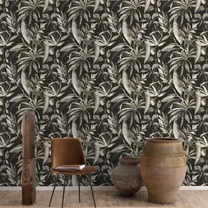 Grandeco Inky Palm Botanical Jungle Textured Wallpaper, Black Beige