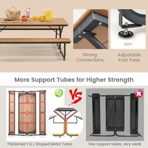 Costway Outdoor Dining Table & 2 Benches Picnic Table Bench Set w/ Umbrella Hole