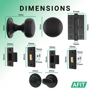 AFIT Lined Door Knob Set Matt Black - 1 Pair of Mortice Knobs 55mm, Latch & Deadbolt Kit 76mm, Hinges 76mm & Turn & Release