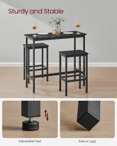 VASAGLE Dining Table Set, Bar Table and Stools, Breakfast Bar Table with 2 Bar Stools, Steel Frame, Ebony Black and Ink Black