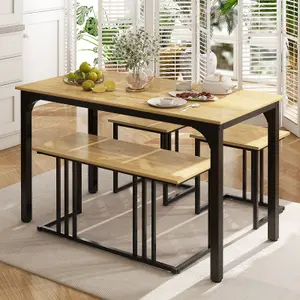 COSTWAY 4-Piece Dining Table Set Industrial Dining Table W/ Bench & 2 Stools