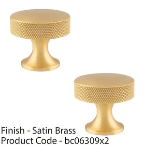 2 PACK - Knurled Flared Stem Cabinet Door Knob - 38mm Satin Brass Cupboard Pull Handle