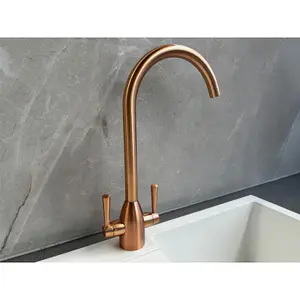 Liquida W05CP Swan Neck Swivel Spout Twin Lever Copper Kitchen Mixer Tap