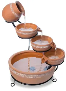 Primrose Ladonas Inlaid Terracotta Solar Powered Cascade Water Feature with Battery Backup and LED Lights 55cm