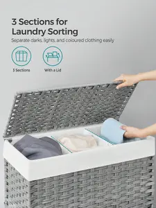 SONGMICS Laundry Basket, Handwoven Laundry Hamper, 140L Rattan-Style Washing Basket With 3 Compartments, 66 X 33 X 60 Cm, Grey