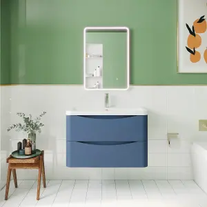 Wall Hung 2 Drawer Vanity Basin Unit with Polymarble Basin, 800mm - Satin Blue