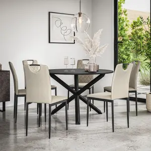 Malvern Round Dining Table And Chairs -  Black Table Top w Solid Oak Black Legs + Monza Fabric Dining Chair Set Of 6 (Beige)