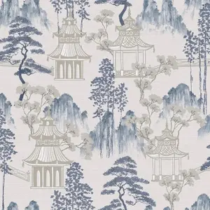 Arthouse Japanese Pagoda Floral Blue Grey Flowers Wallpaper -924803