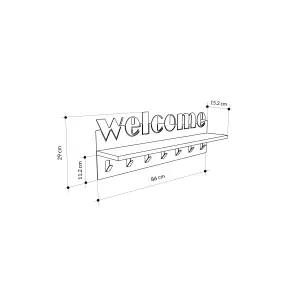 Decortie Modern Welcome Letter Wall Hanger White Metal 7 Metal Hooks Hanging Shelf Rack Hotels, Hallway, Bedroom (Black)