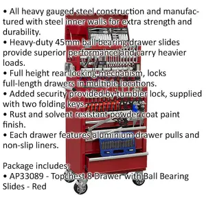 Ultimate Heavy Duty 15 Drawer Tool Chest and Rollcab Bundle with 147 Piece Tool Kit in Red