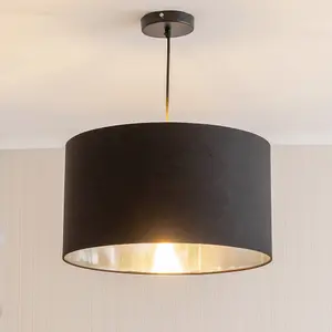 ValueLights Reni Large Black Fabric with Metallic Chrome Silver Inner Drum Ceiling Lamp Shade and Bulb