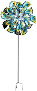 Peacock Feather Wind Spinner - Weather Resistant Double-Sided Hand Painted Colourful Garden Sculpture - Measures H90 x W35 x D15cm