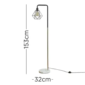 ValueLights Black/Chrome Metal & White Marble Base Floor Lamp With Grey Metal Basket Cage Shade And 4w LED Bulb In Warm White