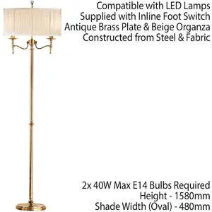 Luxury Classic Twin Arm Feature Floor Lamp Antique Brass & Beige Organza Shade