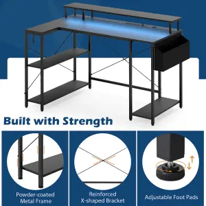 COSTWAY L-Shaped Gaming Desk with LED Lights 120 cm Computer Desk with Monitor Stand